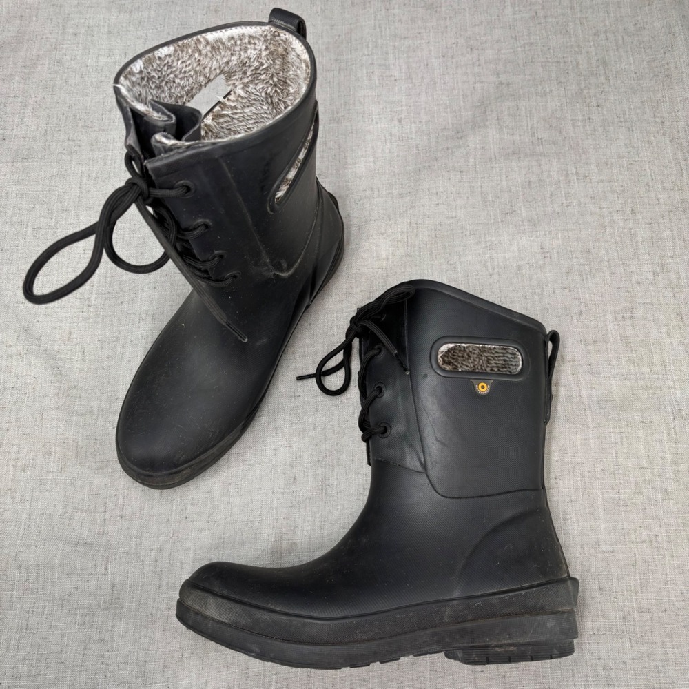 Bogs‎ Amanda II Lace Boots Black Rubber Plush Lined Waterproof Rain Women's 7